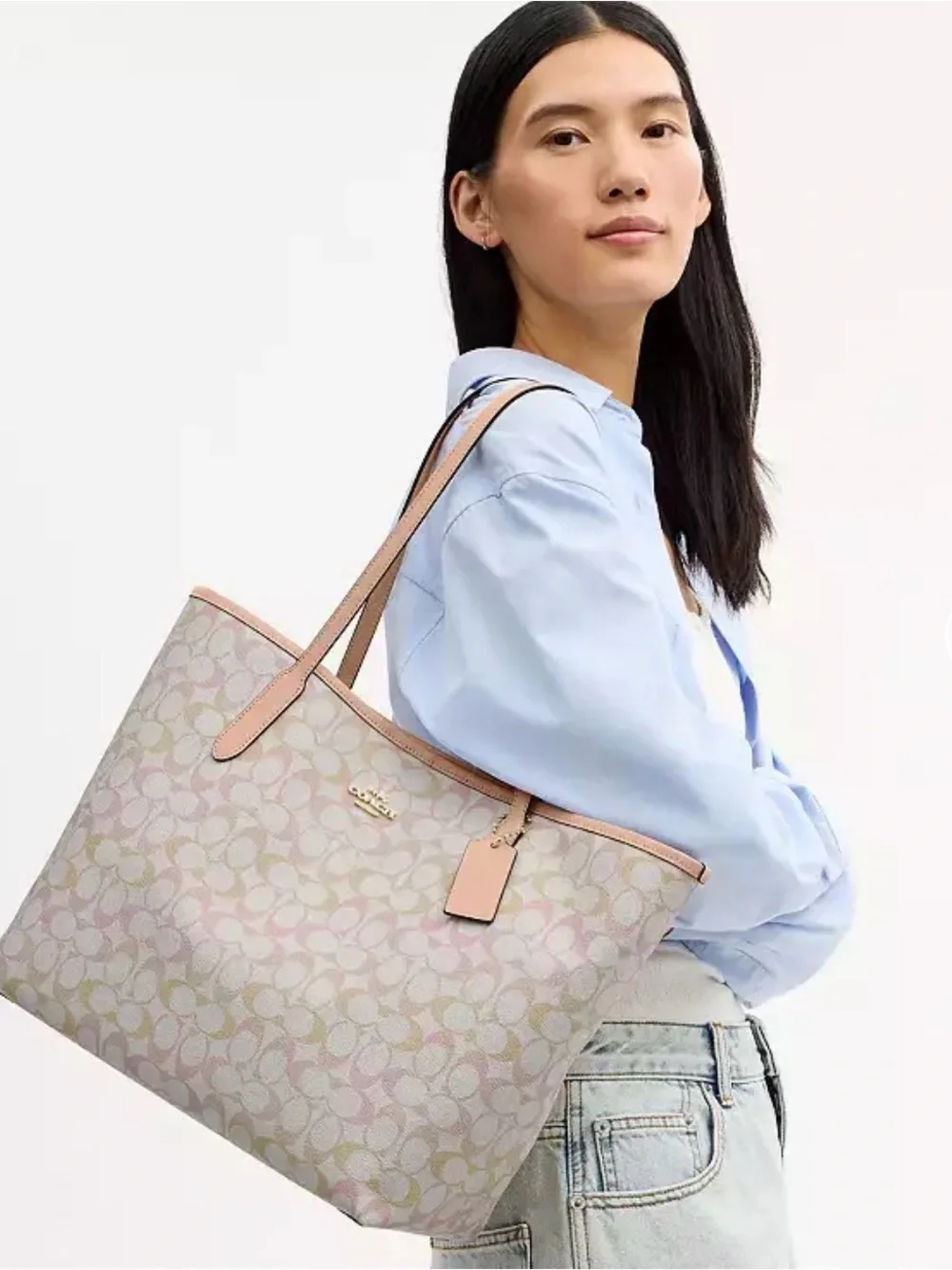 🩷🧡Coach NWT Pink/Peach Signature C Pastel Logo City Tote Bag / Gold Hardware